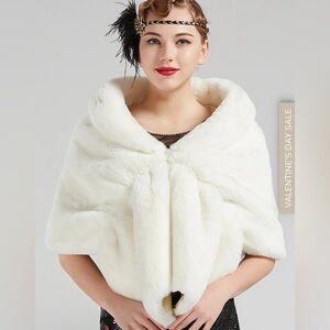 Luxurious White Faux Fur Cape Shawl